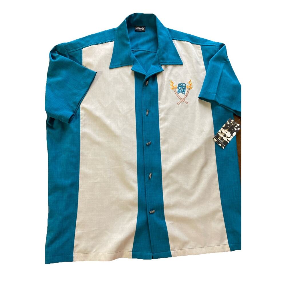 Steady Clothing Bowling Shirt Sz 2X New Teal Tiki Retro Button Up embroidered‎